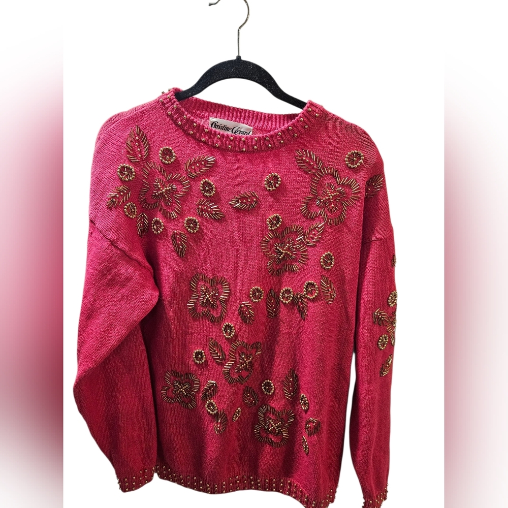 Vintage Christine Gerard pink beaded sequin embellished sweater